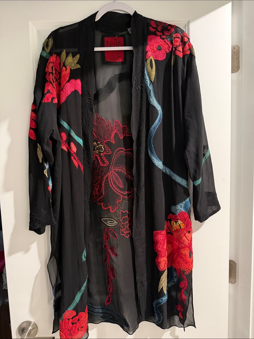 Boho Black Sheer Embroidered Kimono Jacket with Red Floral Accents